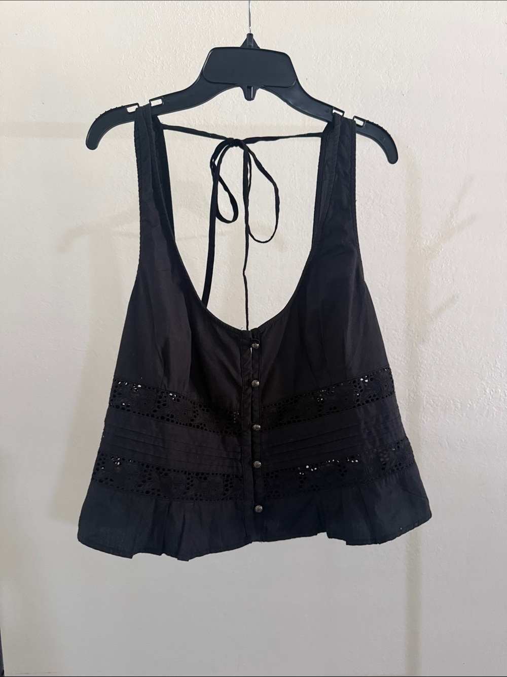 Free People Black Eyelet Button-Back Tie Camisole